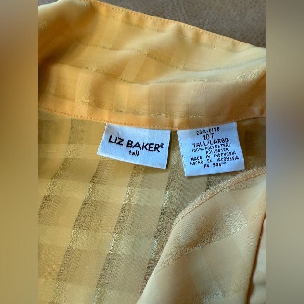 Vintage Liz Baker Yellow Checkered Sheer Blouse Button Down Women’s Size 10 Tall - Picture 5 of 8